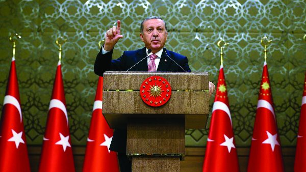 Turkey's President Recep Tayyip Erdogan speaks during an event for foreign investors, in Ankara, Turkey, on Tuesday, Aug. 2, 2016. Erdogan said, once more blasted unnamed Western countries which he says supported an attempted coup on July 15 which left more than 270 people dead. "The West is supporting terrorism and taking sides with coups." (Kayhan Ozer/Presidential Press Service, Pool Photo via AP)/AXPK106/16215497460524/POOL PHOTO/1608021555