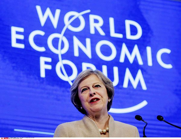 British Prime Minister Theresa May speaks on the third day of the annual meeting of the World Economic Forum in Davos, Switzerland, Tuesday, Jan. 17, 2017. (AP Photo/Michel Euler)/ME112/17019353219958/1701191052