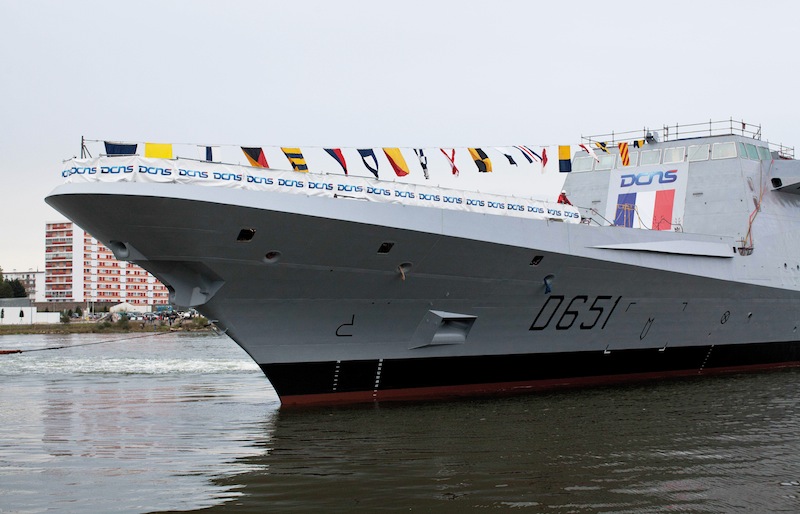 Le lancement par la DCNS, à Lorient, de la frégate FREMM (multi-mission) Normandie.